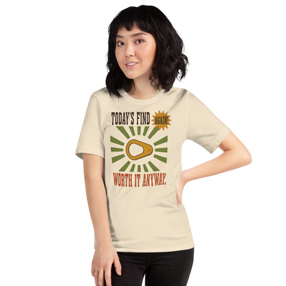 Today's Find pull tab retro metal detecting tee — Heather Natural, on model