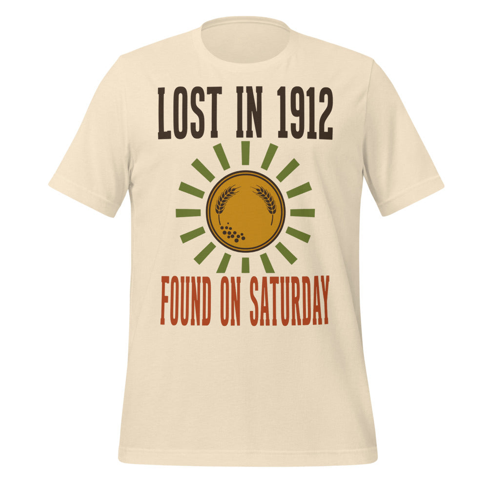 Lost in 1912 Found on Saturday retro metal detecting tee — Heather Natural, front
