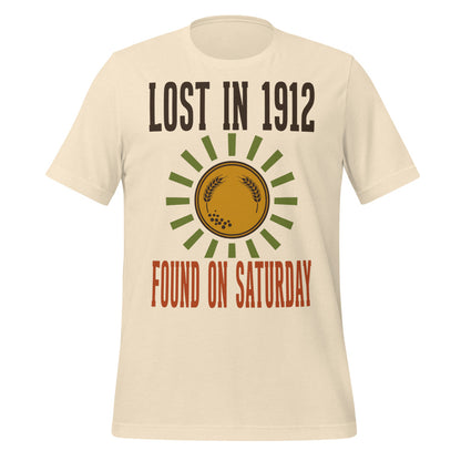 Lost in 1912 Found on Saturday retro metal detecting tee — Heather Natural, front