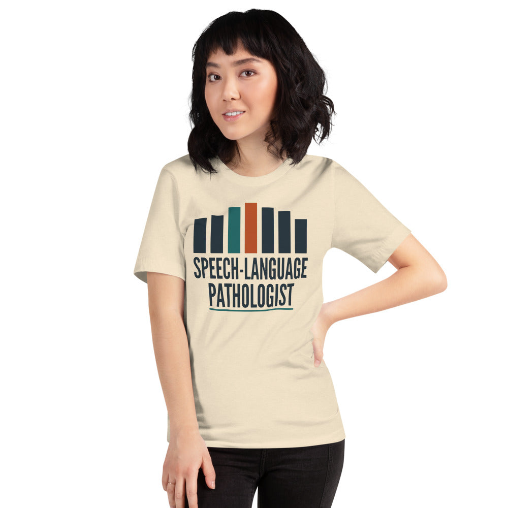 Mid-Century Clinic speech therapy tee — Heather Natural, on model