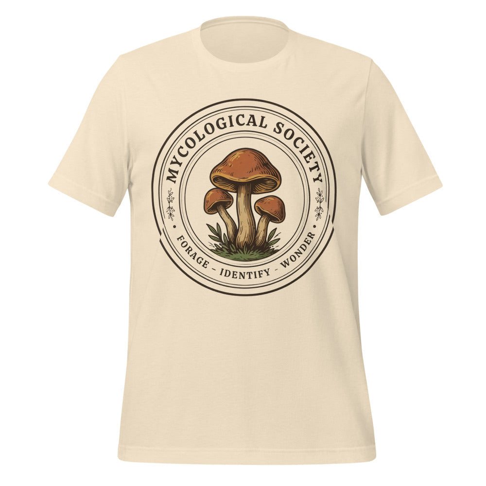 Mushroom Foraging Mycological Society vintage botanical tee — Heather Natural, front