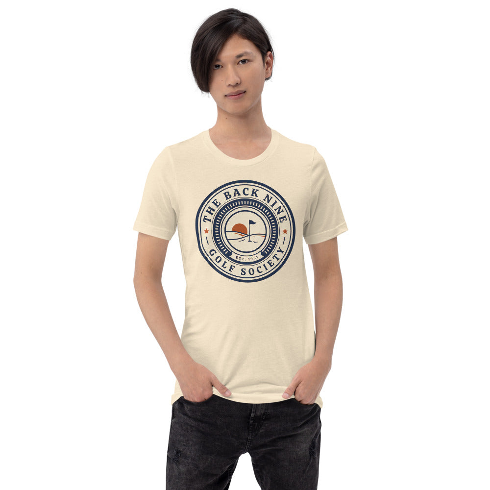 The Back Nine vintage golf roundel tee — Heather Natural, on model