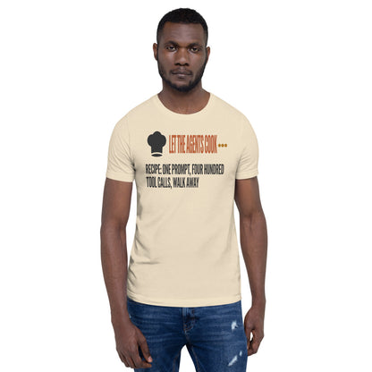 Let The Agents Cook tee — Heather Natural, on model