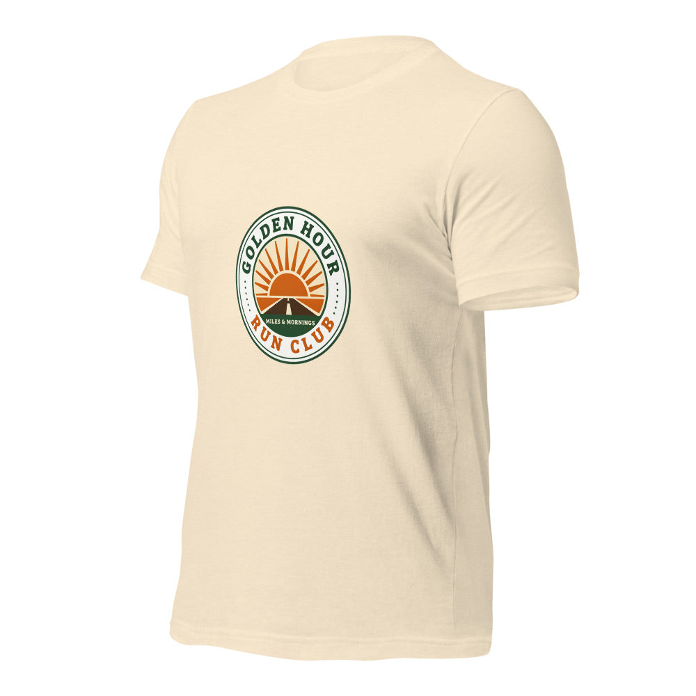 Golden Hour Run Club retro running tee — Heather Natural, front-right