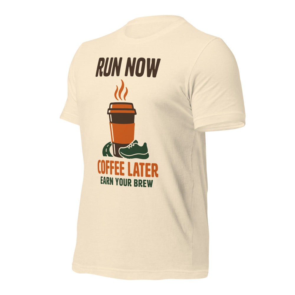 Run Now Coffee Later funny running tee — Heather Natural, front-right