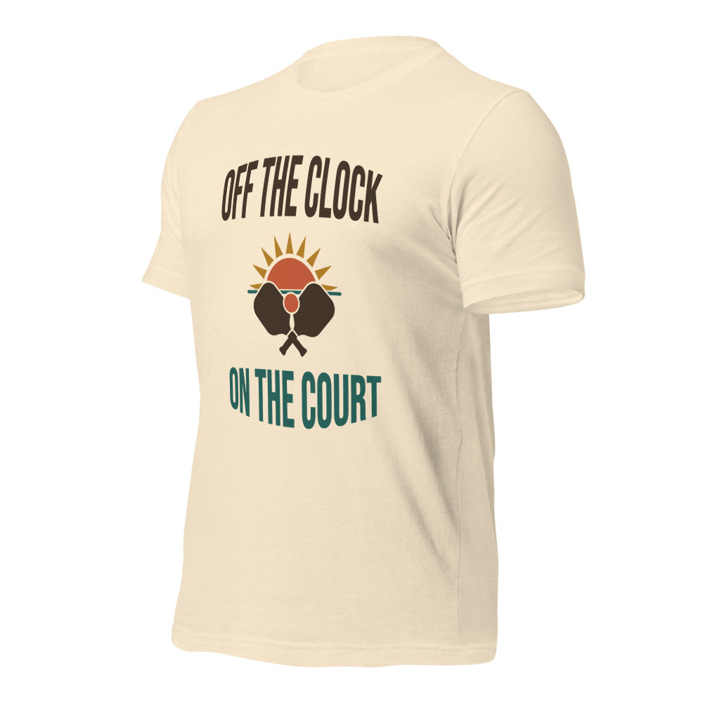 Off The Clock On The Court retro pickleball tee — HP Natural, side