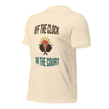 Off The Clock On The Court retro pickleball tee — HP Natural, side