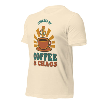 Powered By Coffee And Chaos retro groovy teacher tee — Heather Natural, front right angle