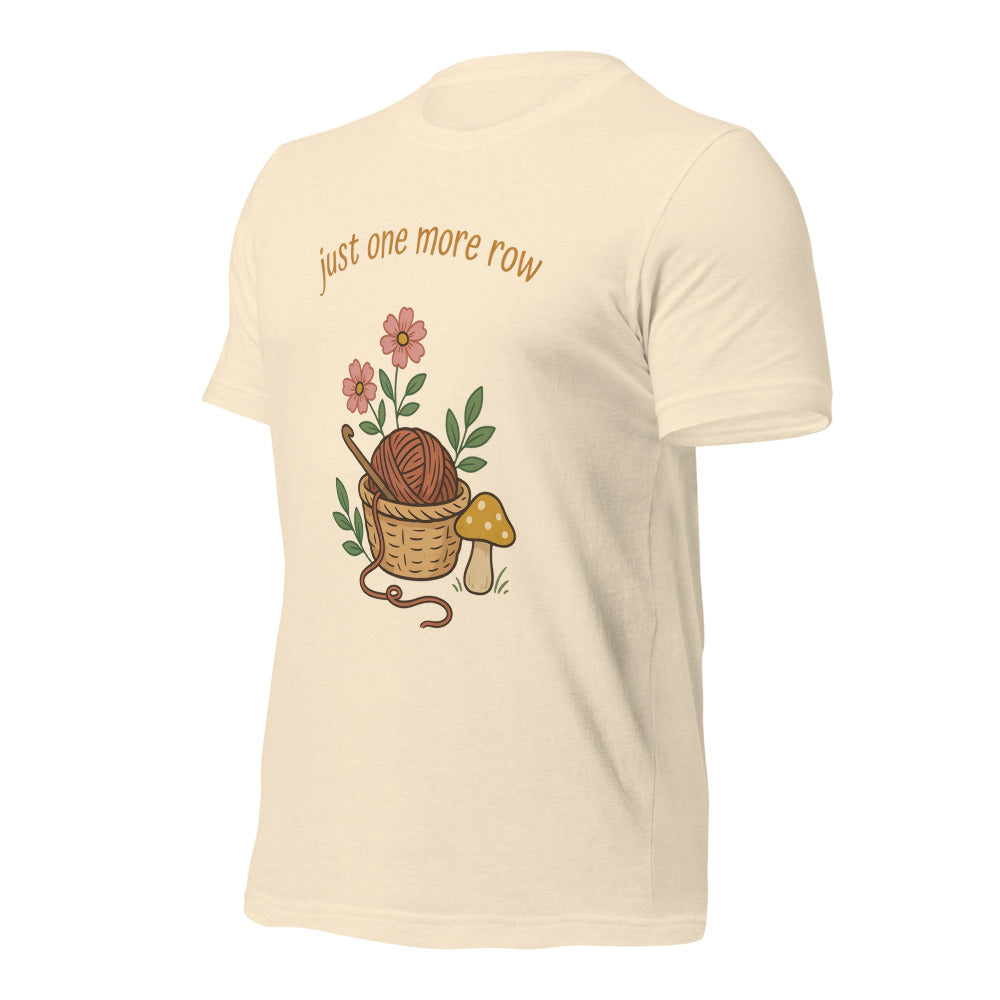 Just One More Row crochet cottagecore tee — Heather Natural, front-right