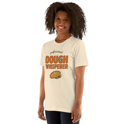 Professional Dough Whisperer funny baker tee — Heather Natural, on model
