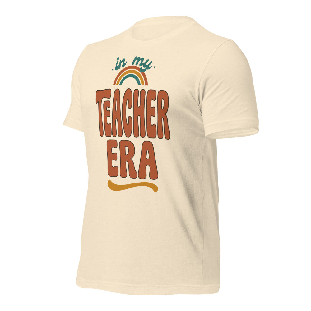 In My Teacher Era retro groovy teacher tee — Heather Natural, front right