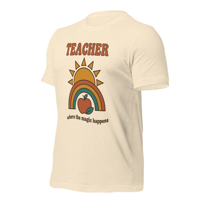 Teacher Where The Magic Happens retro groovy teacher tee — Heather Natural, front angle