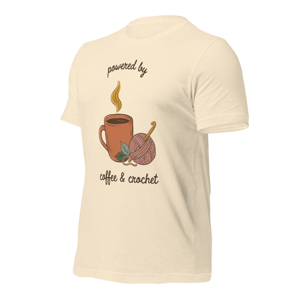 Powered by Coffee and Crochet cottagecore crochet tee — Heather Natural, front right