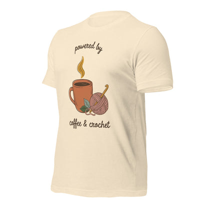 Powered by Coffee and Crochet cottagecore crochet tee — Heather Natural, front right