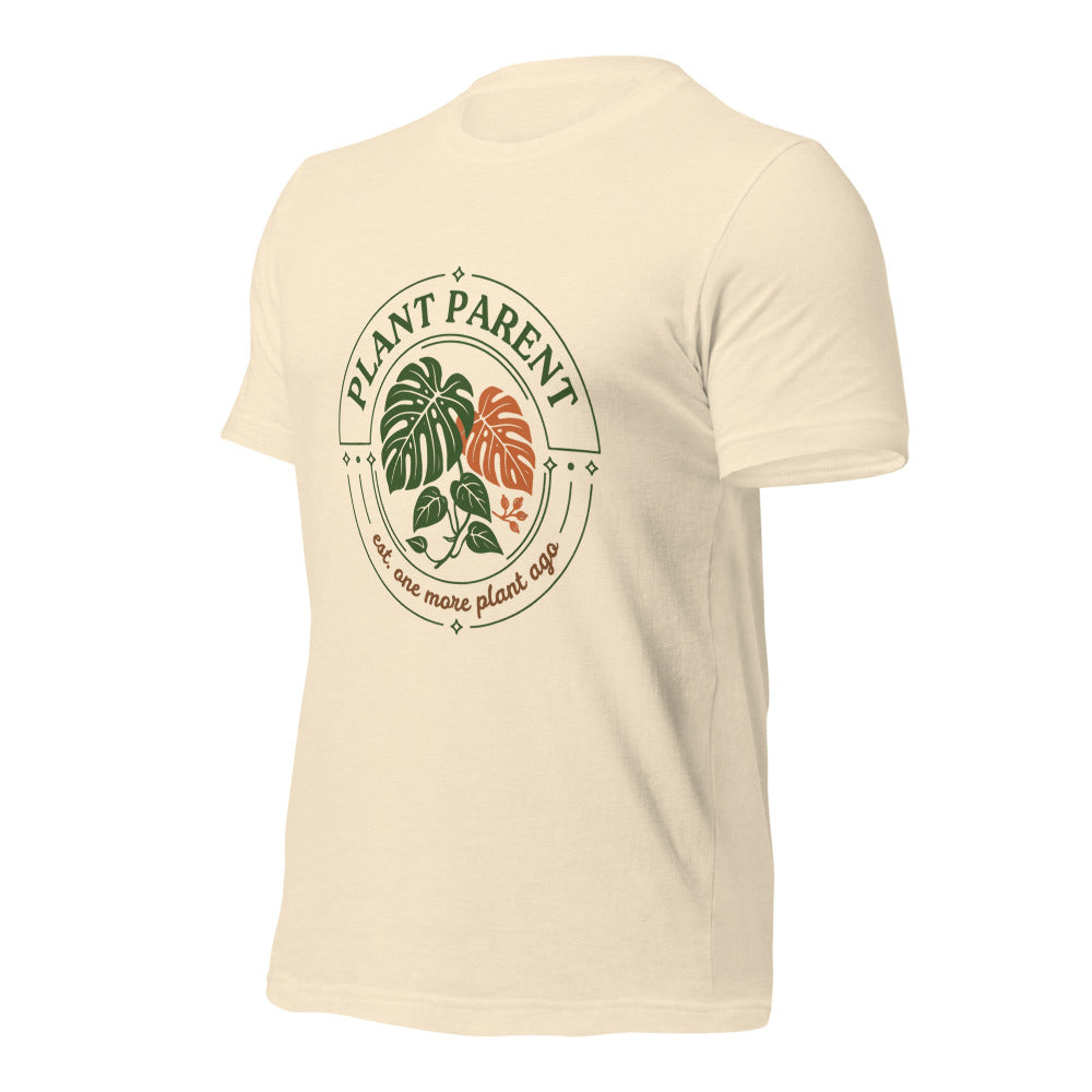 Plant Parent retro botanical badge tee — Heather Natural, front right
