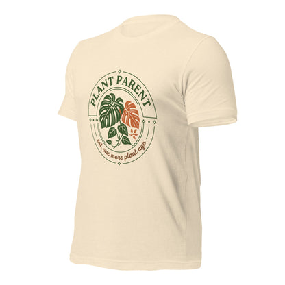 Plant Parent retro botanical badge tee — Heather Natural, front right
