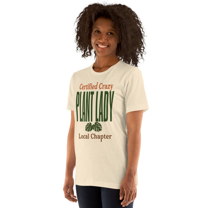 Certified Crazy Plant Lady retro botanical tee — Heather Natural, on model