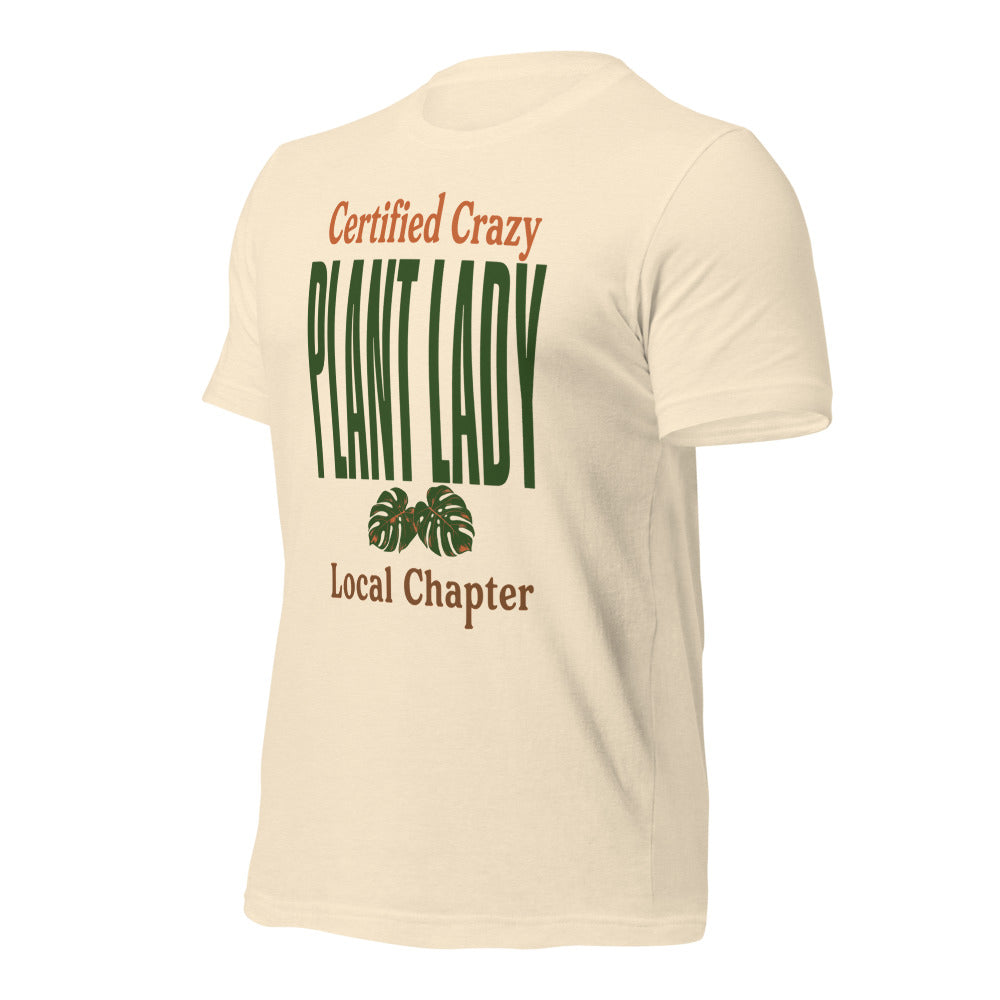 Certified Crazy Plant Lady retro botanical tee — Heather Natural, front right