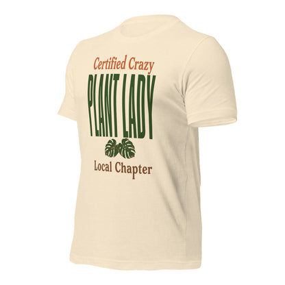 Certified Crazy Plant Lady retro botanical tee — Heather Natural, front right