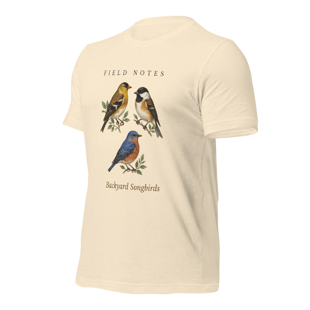 Backyard Songbirds vintage field-guide tee — Heather Natural, front-right