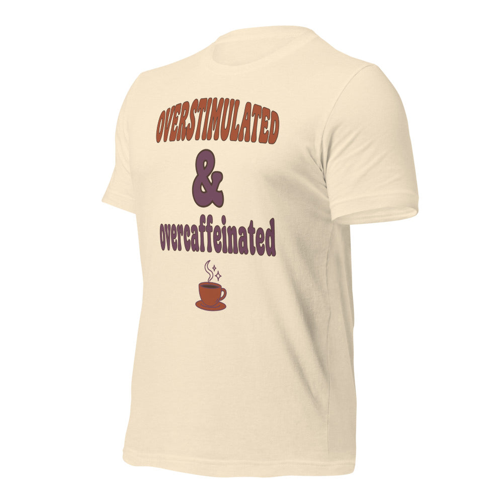 Overstimulated & Overcaffeinated soft retro coffee mental health tee — Heather Natural, front-right
