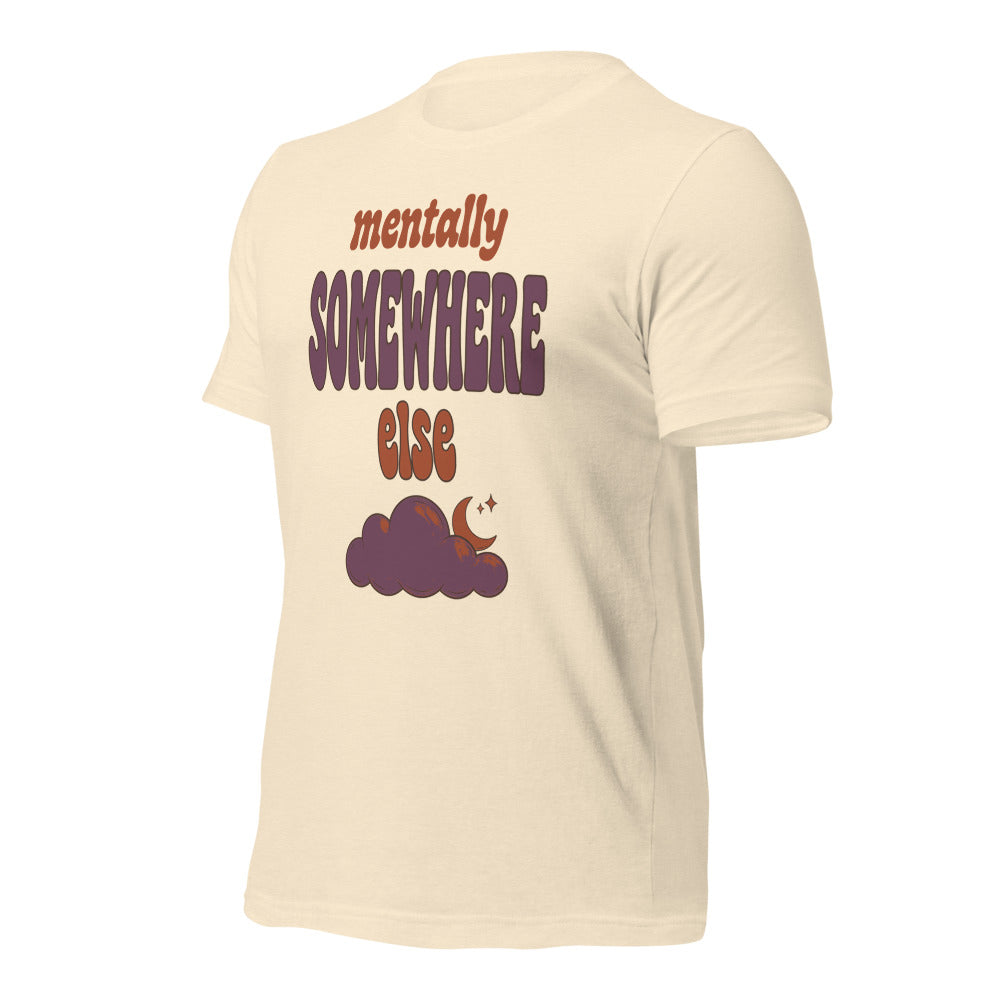 Mentally Somewhere Else soft retro daydream mental health tee — Heather Natural, front-right