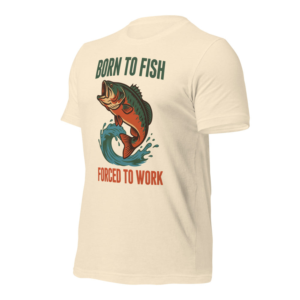 Born to Fish Forced to Work retro fishing humor tee — Heather Natural, front-right