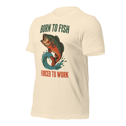 Born to Fish Forced to Work retro fishing humor tee — Heather Natural, front-right