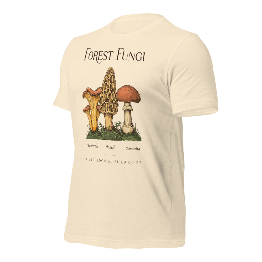 Forest Fungi vintage mushroom field guide tee — Heather Natural, front-right