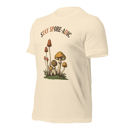 Stay Spore-adic funny vintage mushroom tee — Heather Natural, front-right