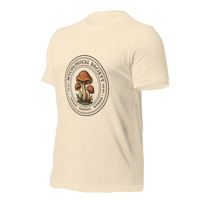 Mushroom Foraging Mycological Society vintage botanical tee — Heather Natural, front-right