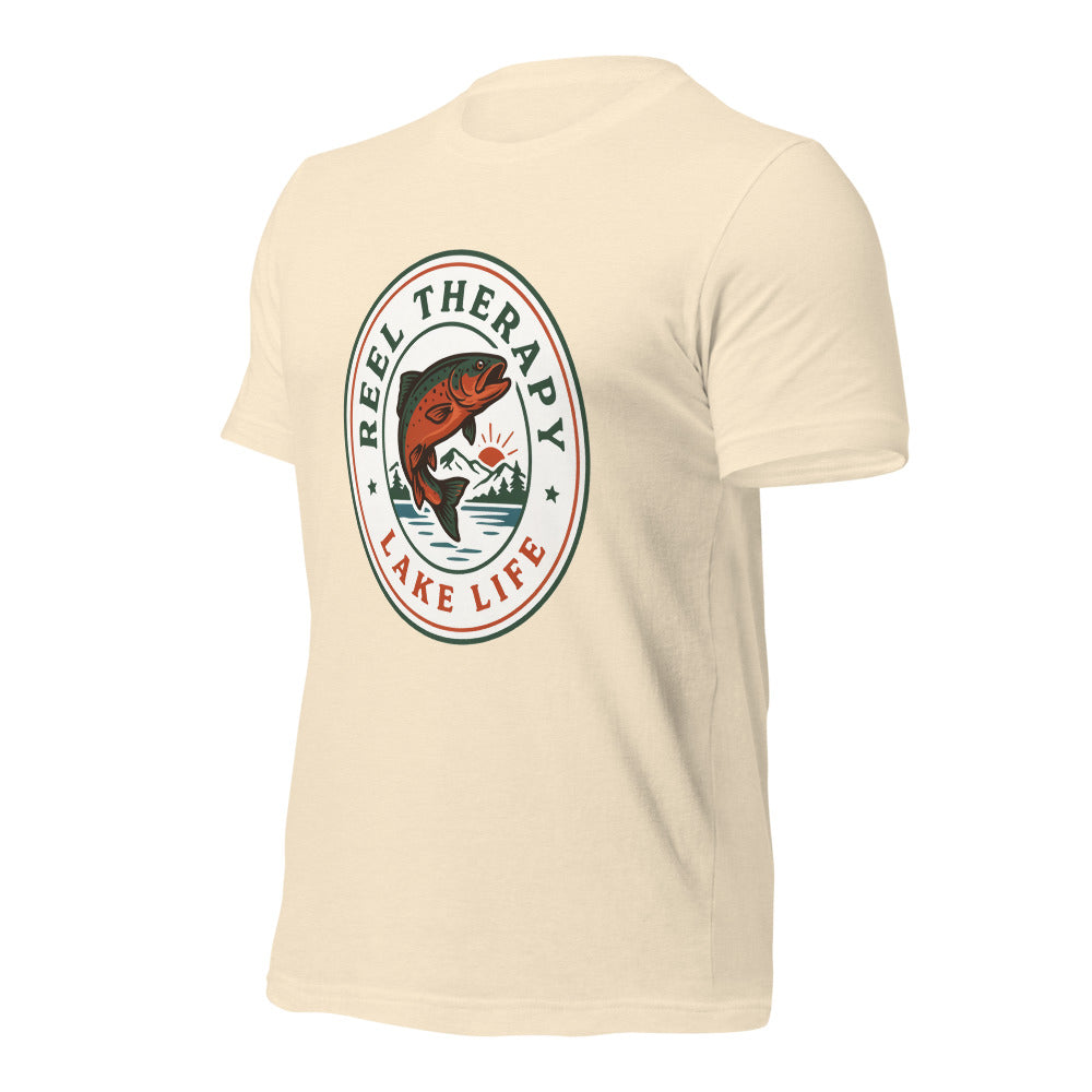 Reel Therapy retro national-park trout badge fishing tee — Heather Natural, front-right