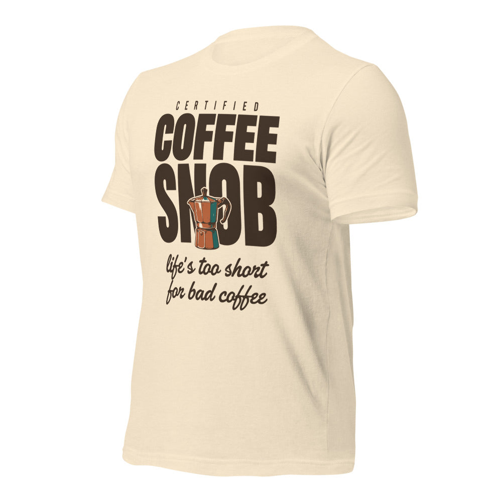 Certified Coffee Snob coffee tee — Heather Natural, front-right