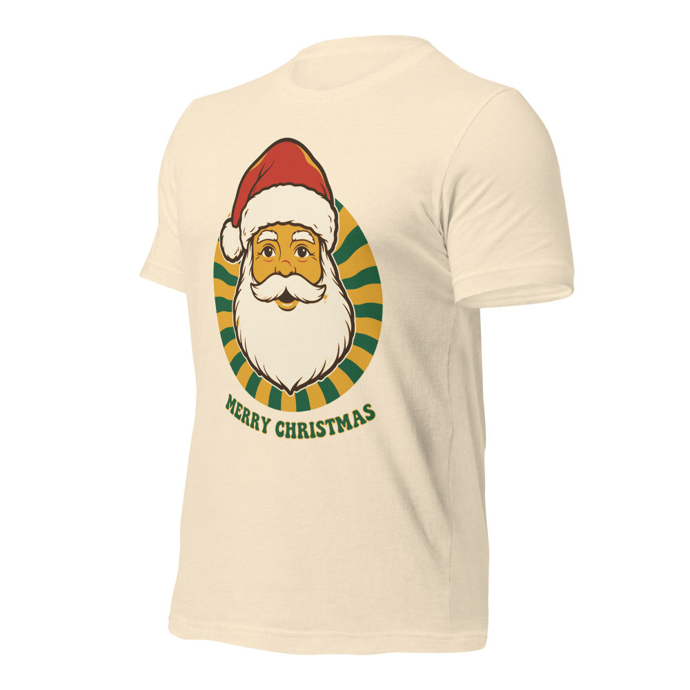 Groovy Santa retro Christmas tee — Heather Natural, front-right