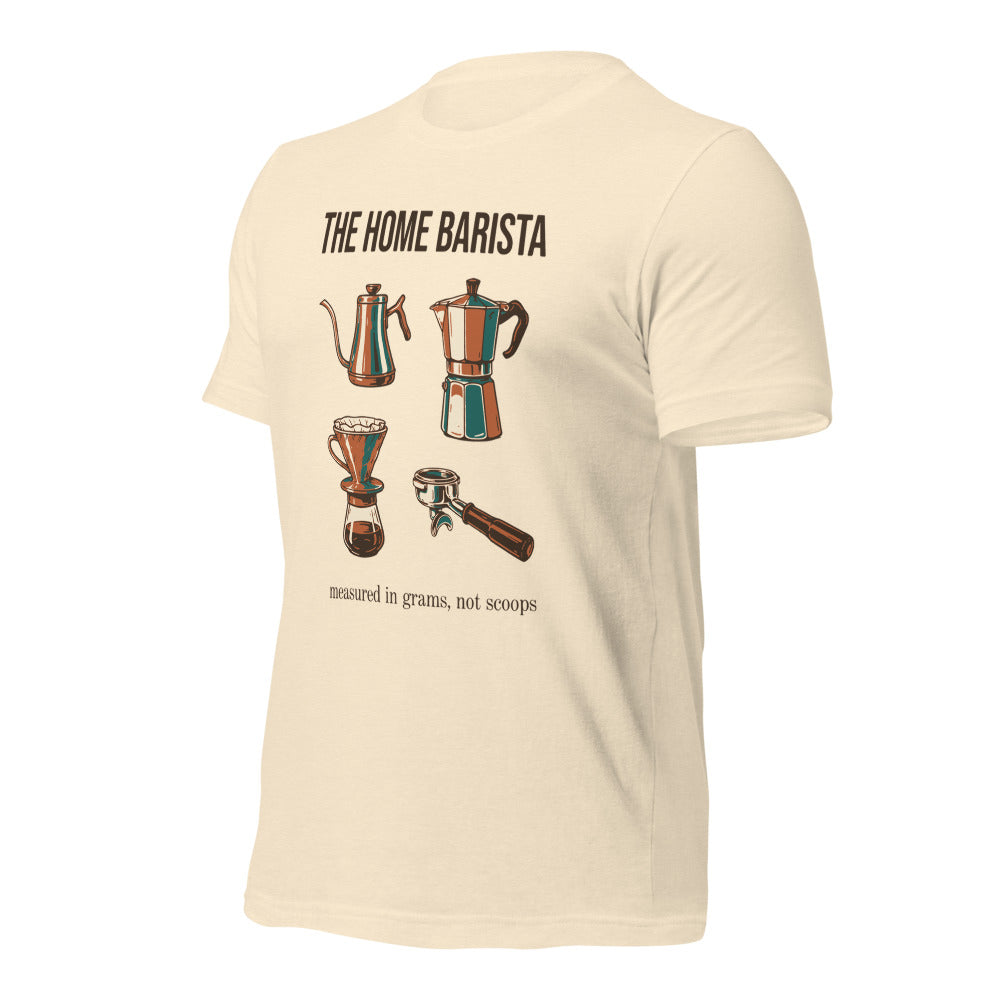 The Home Barista specialty coffee tee — Heather Natural, front-right