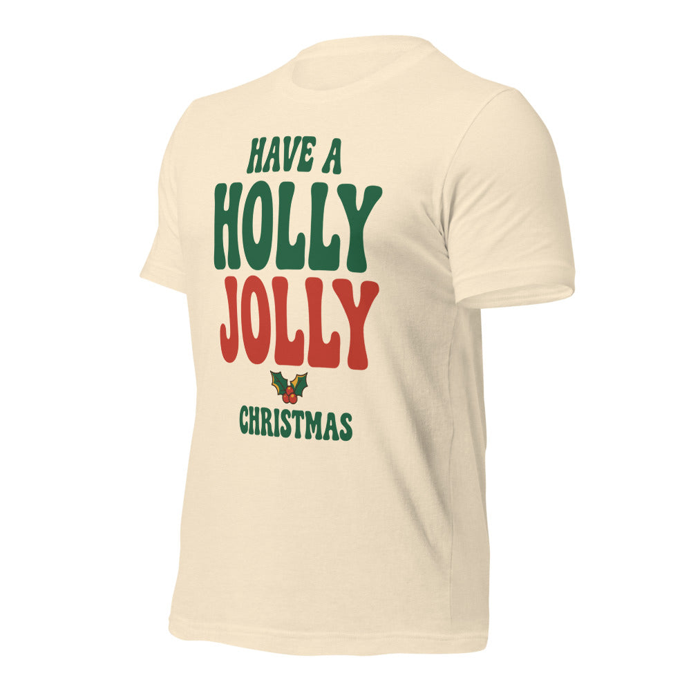 Groovy Holly Jolly retro Christmas tee — Heather Natural, front-right