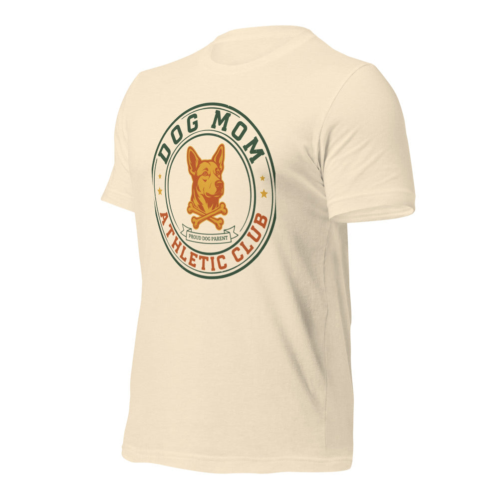Dog Mom Athletic Club vintage varsity crest tee — Heather Natural, front-right