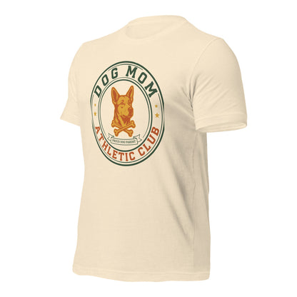 Dog Mom Athletic Club vintage varsity crest tee — Heather Natural, front-right