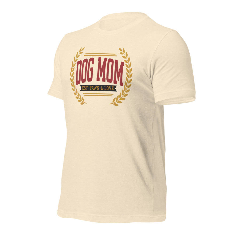 Dog Mom vintage varsity wordmark tee — Heather Natural, front-right