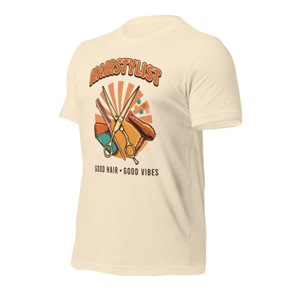 Retro Salon Hairstylist good hair good vibes tee — Heather Natural, front-right