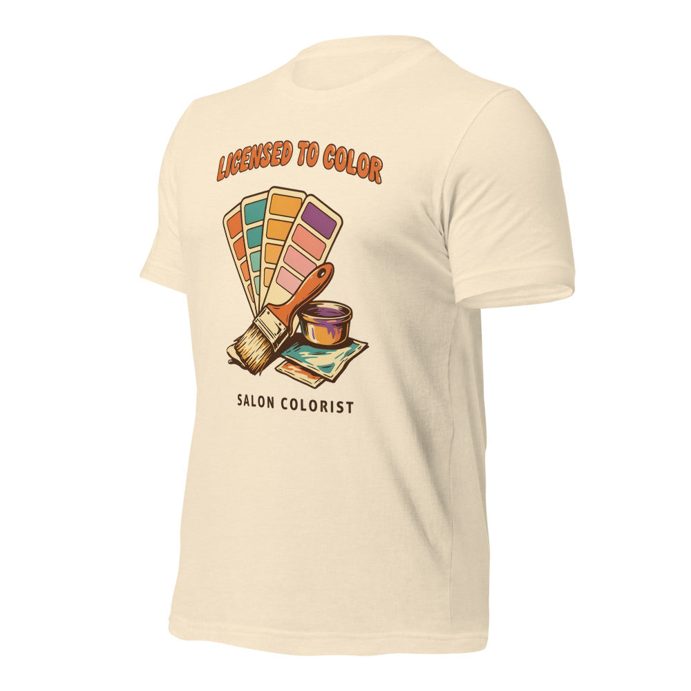 Salon colorist Licensed to Color retro tee — Heather Natural, front-right