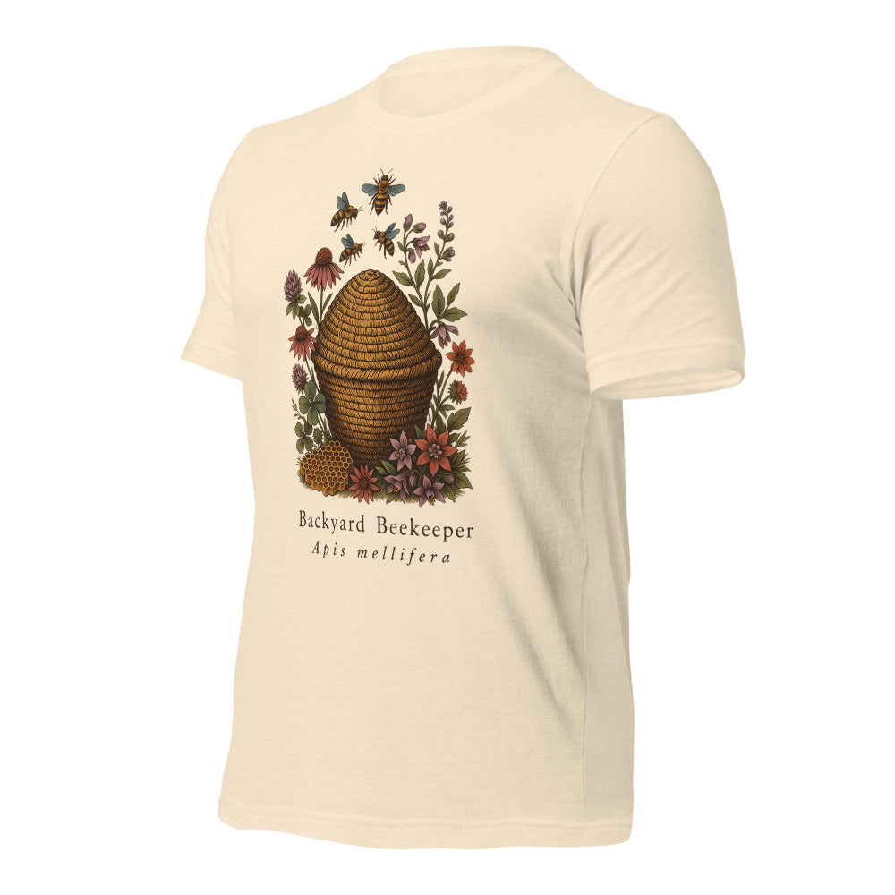 Backyard Beekeeper field-guide bee tee — Heather Natural, front-right