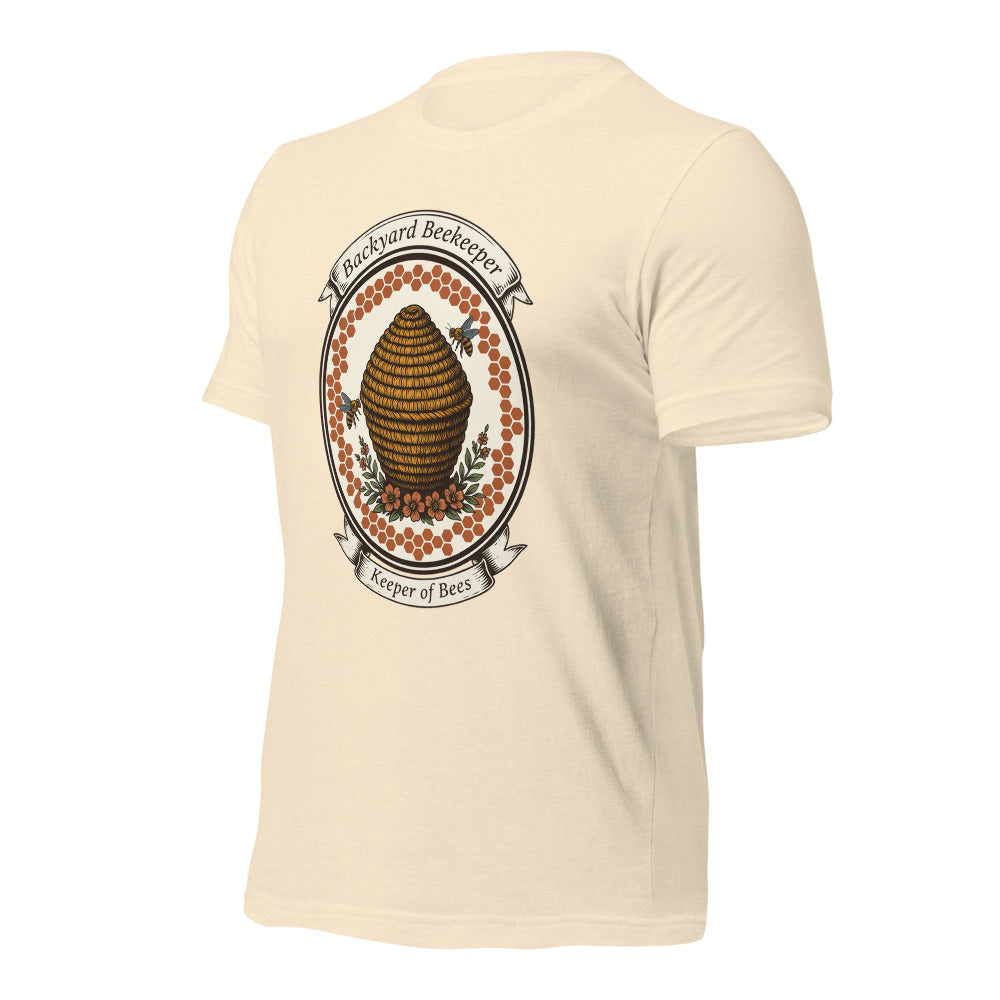 Backyard Beekeeper Keeper of Bees vintage apiary crest tee — Heather Natural, front-right
