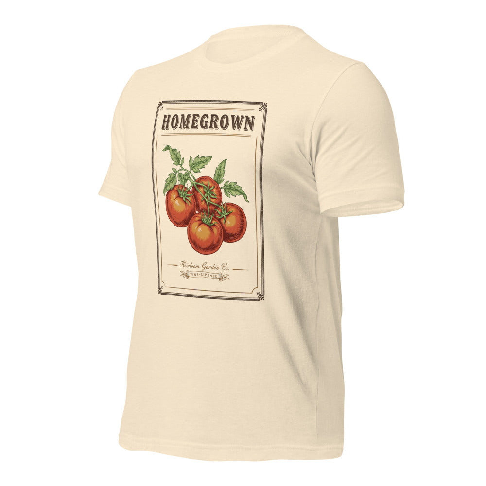 Homegrown Heirloom Seed Packet gardening tee — Heather Natural, front-right