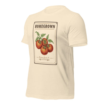 Homegrown Heirloom Seed Packet gardening tee — Heather Natural, front-right