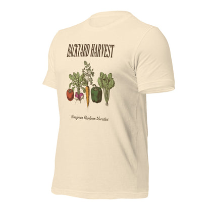 Backyard Harvest heirloom vegetable gardening tee — Heather Natural, front-right