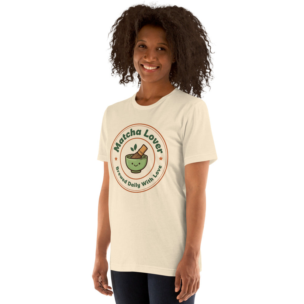 Matcha Lover retro café badge tee — Heather Natural, on model