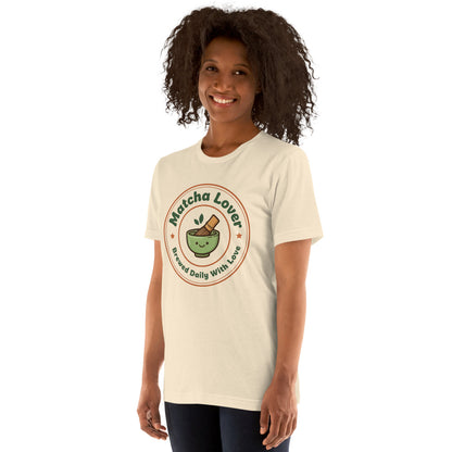 Matcha Lover retro café badge tee — Heather Natural, on model