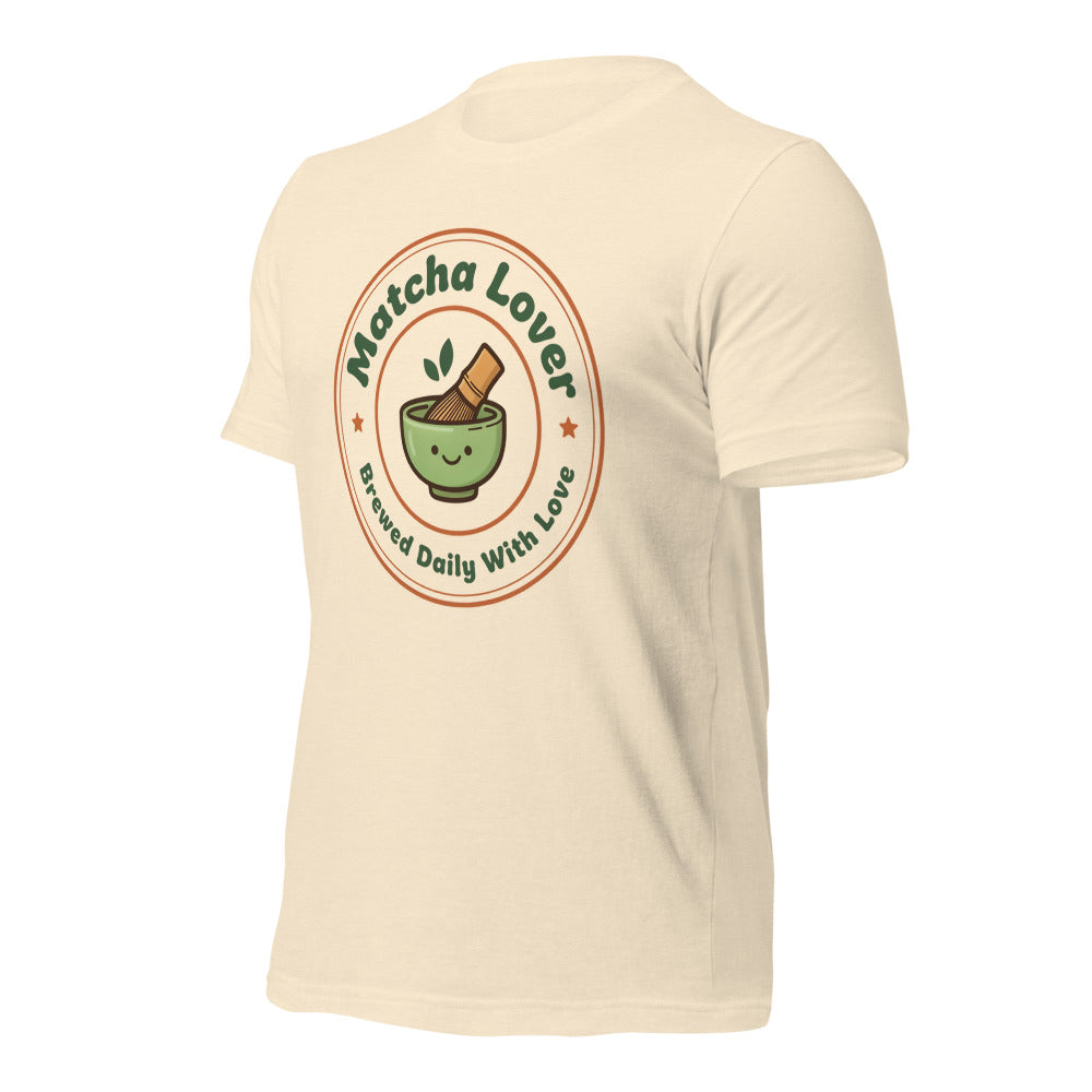 Matcha Lover retro café badge tee — Heather Natural, front-right