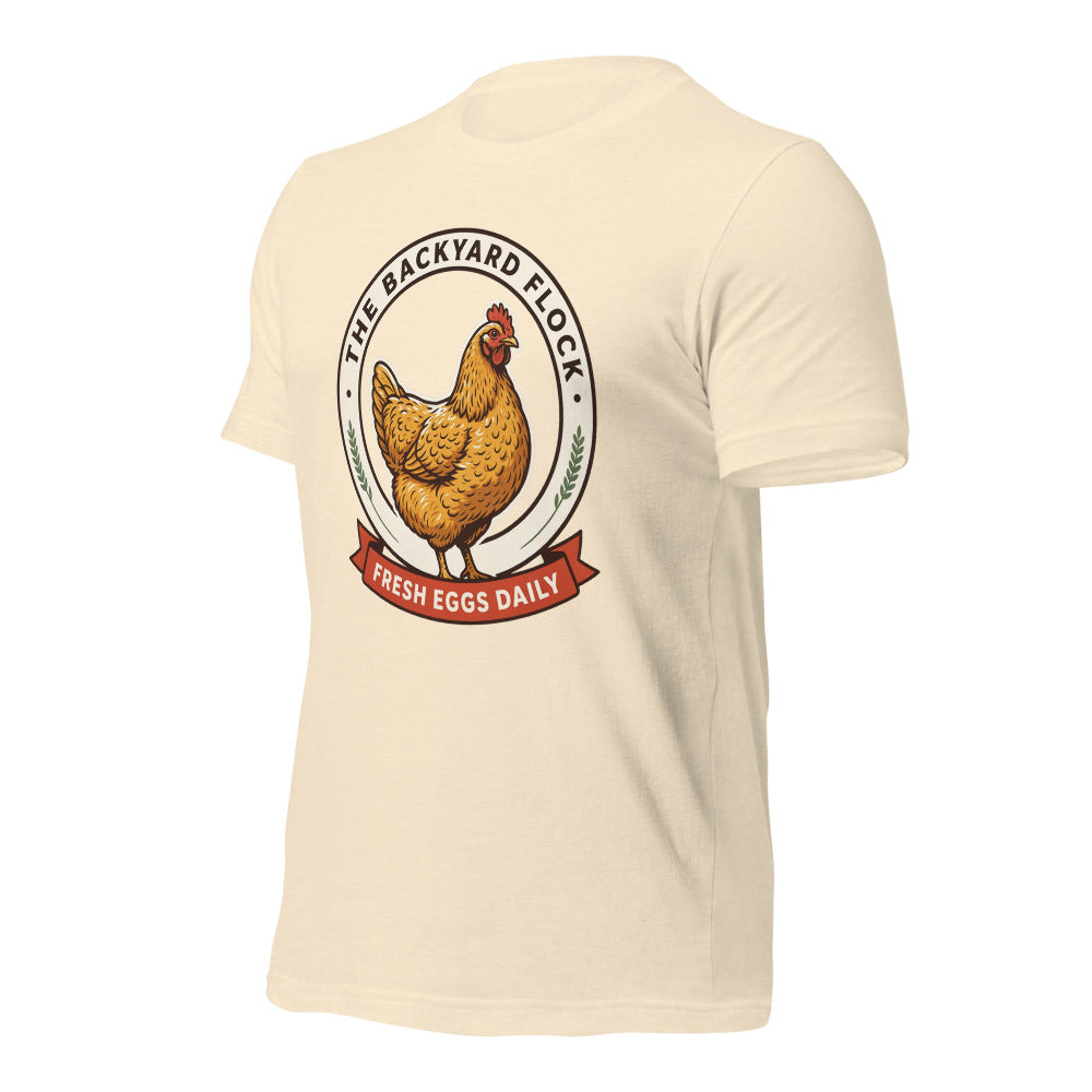 Backyard Flock heritage chicken keeper tee — Heather Natural, front-right